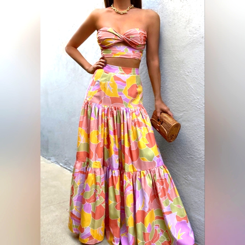 Floral Print Strapless Maxi Skirt Set in Pink & Yellow